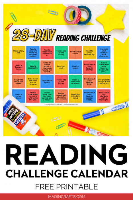 Printable reading calendar with school supplies on a yellow background