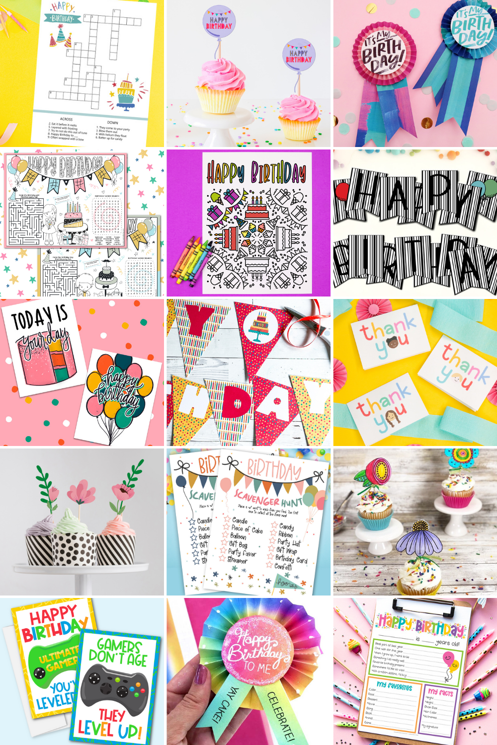 collage of birthday party printables