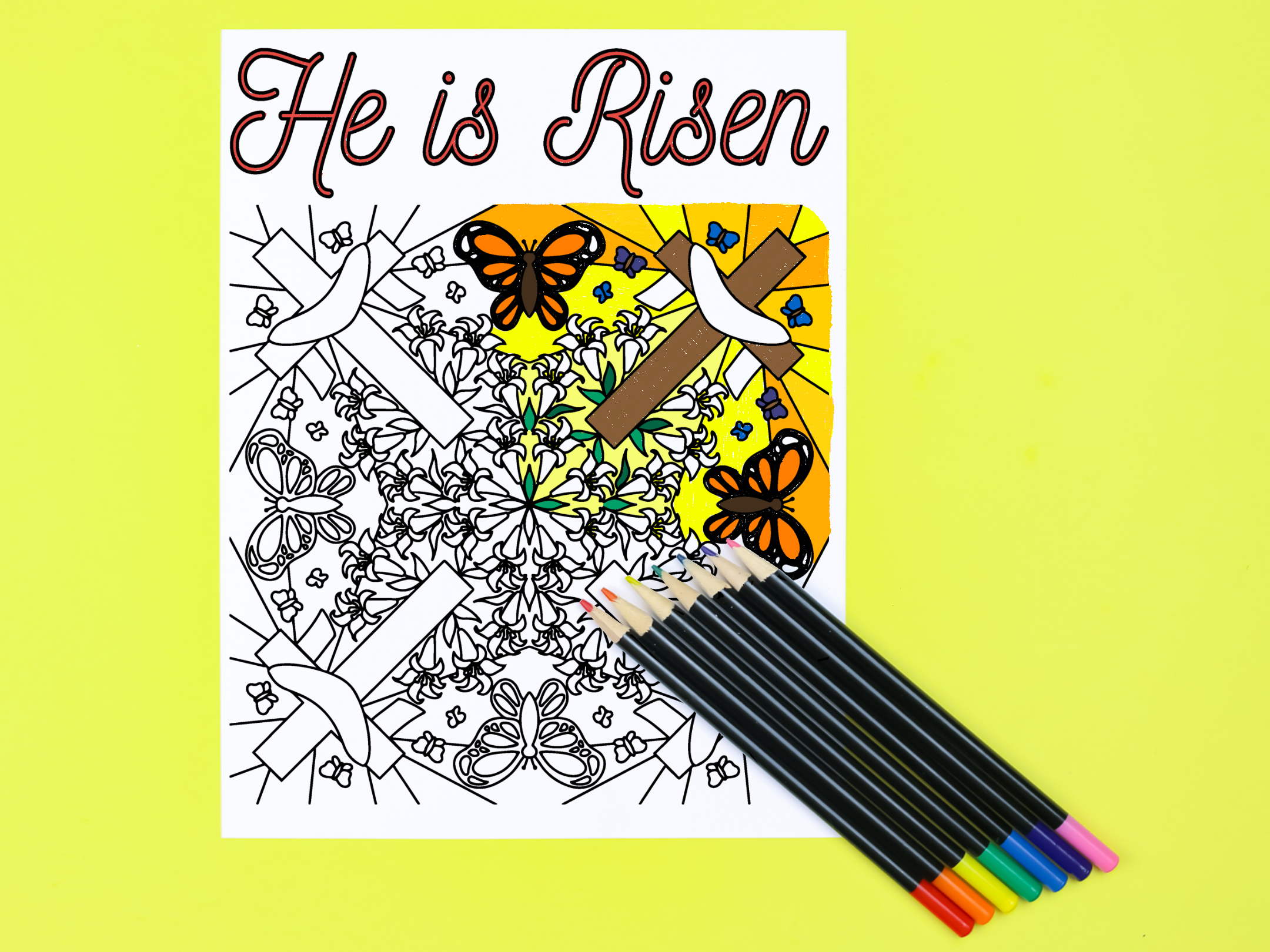Partially colored Easter coloring page with colored pencils