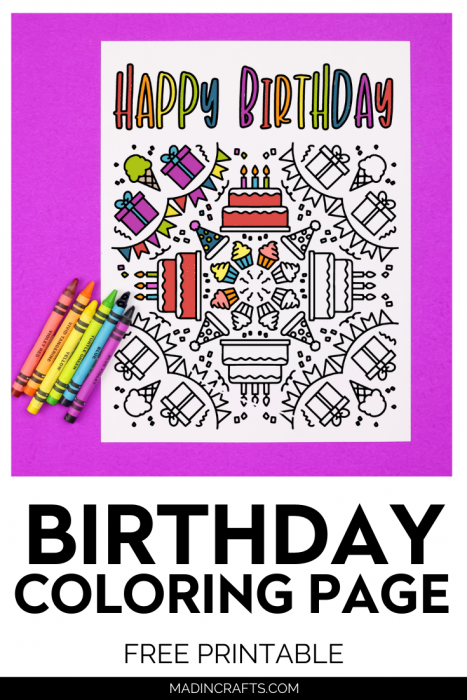 Birthday coloring page on purple background