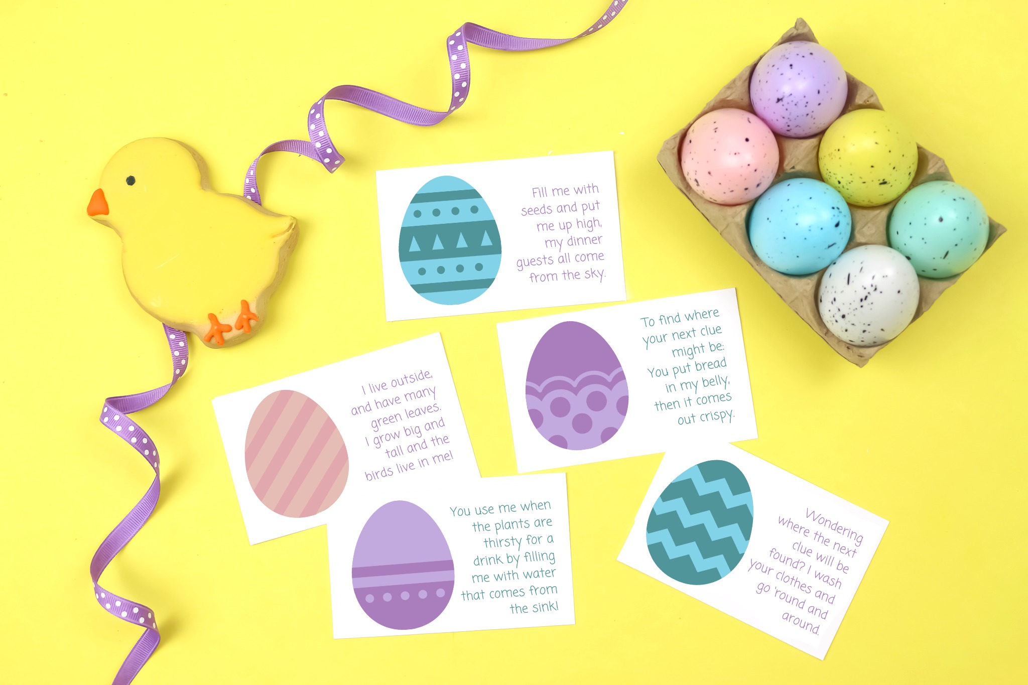 Easter scavenger hunt cards, ribbon, and easter eggs