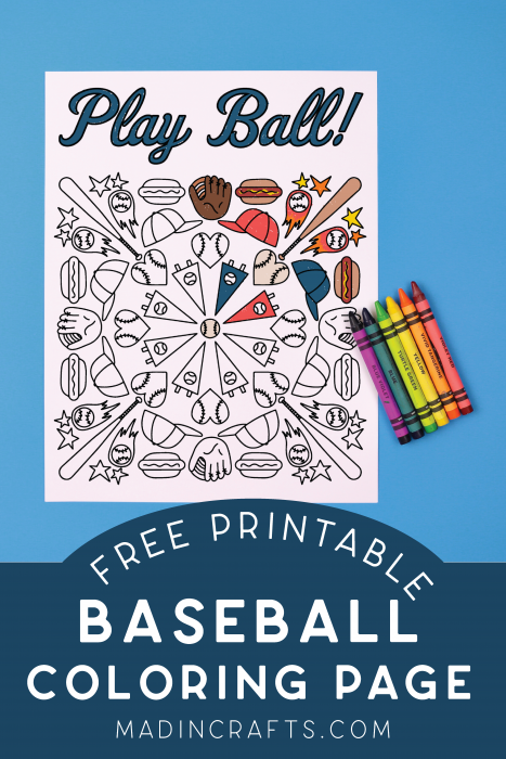 Baseball coloring page and crayons on a blue background