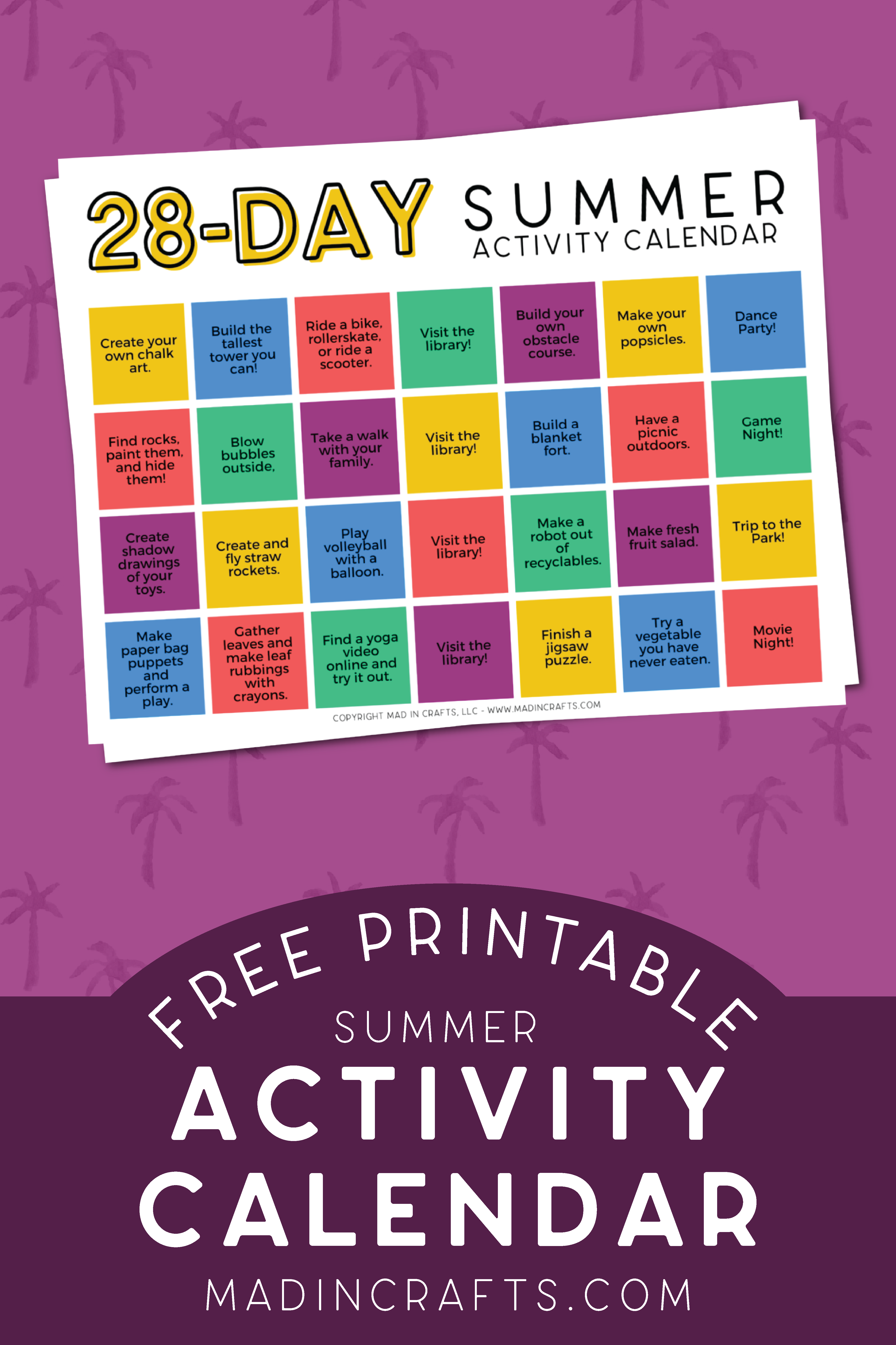 printable summer activity calendar on a purple background