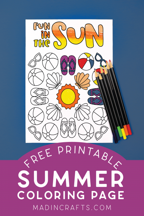 summer coloring page with colored pencils on a blue background