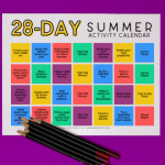 printable summer activity calendar with colored pencils