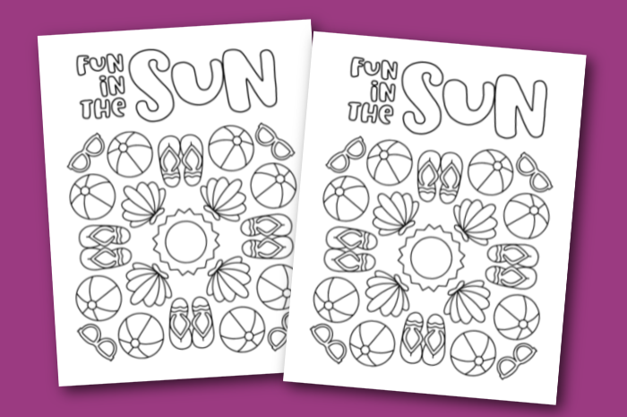 two summer coloring pages on a purple background