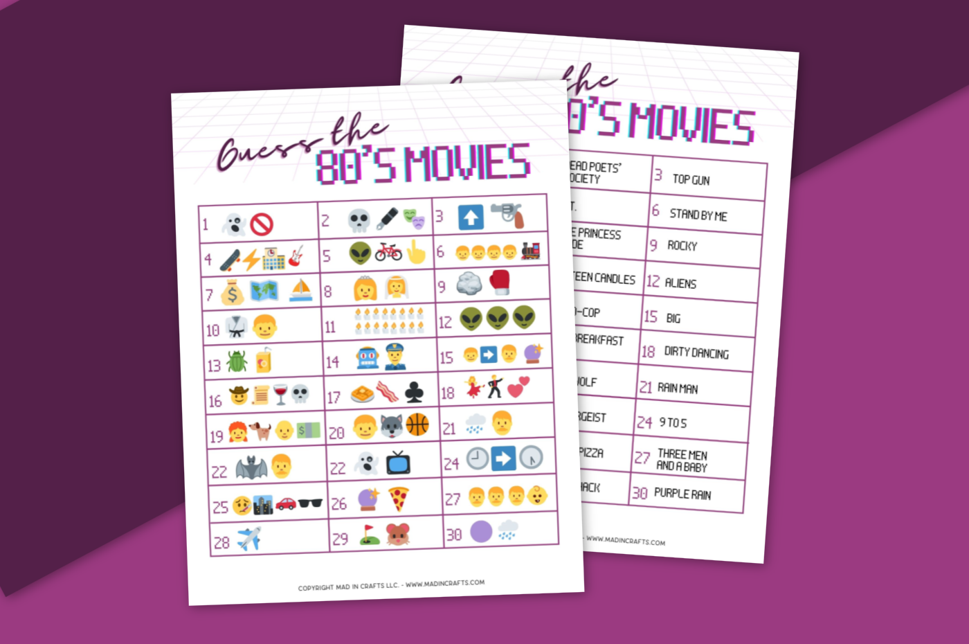Guess the 80s Movie Emoji prinable game and answers