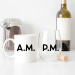 Coffee Mug and Stemless Wine glass on a counter