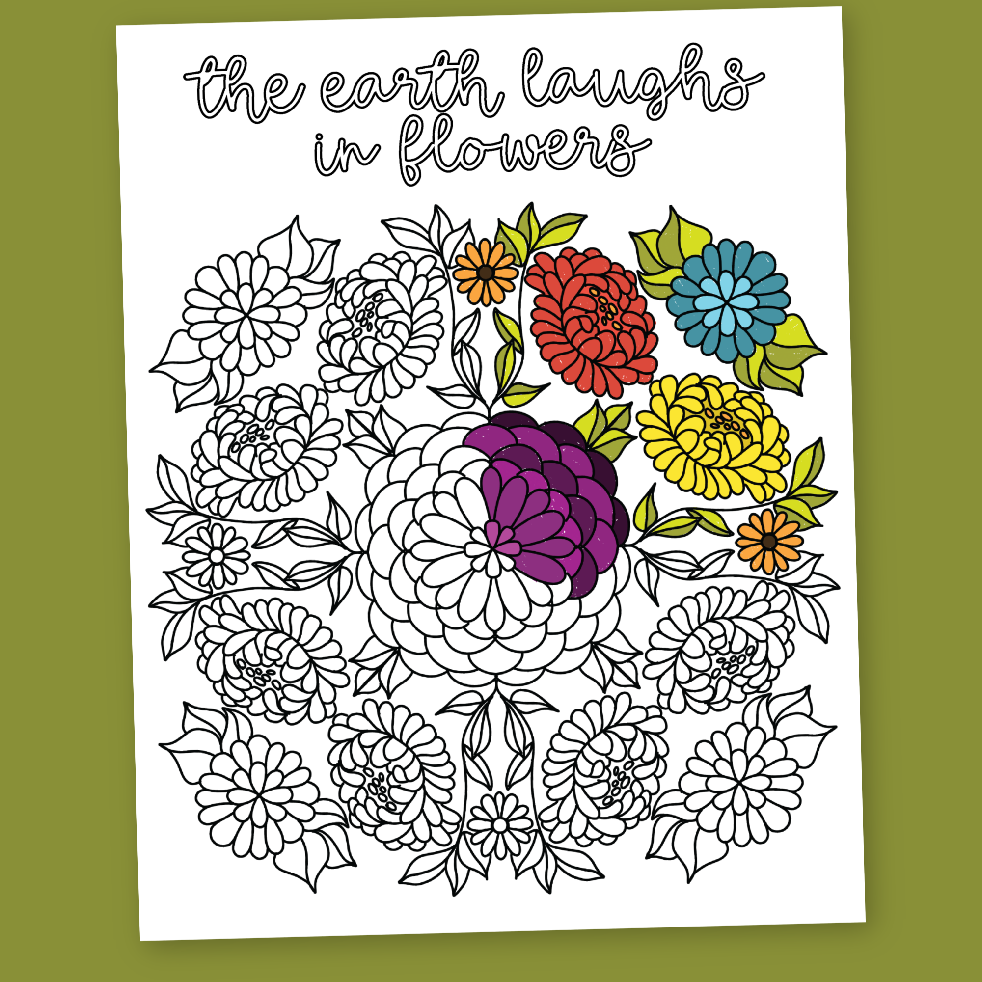 Flower coloring page on a green backgroun
