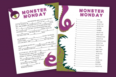 printable monster mad libs on a purple background
