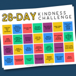 printable kindness calendar on a blue background