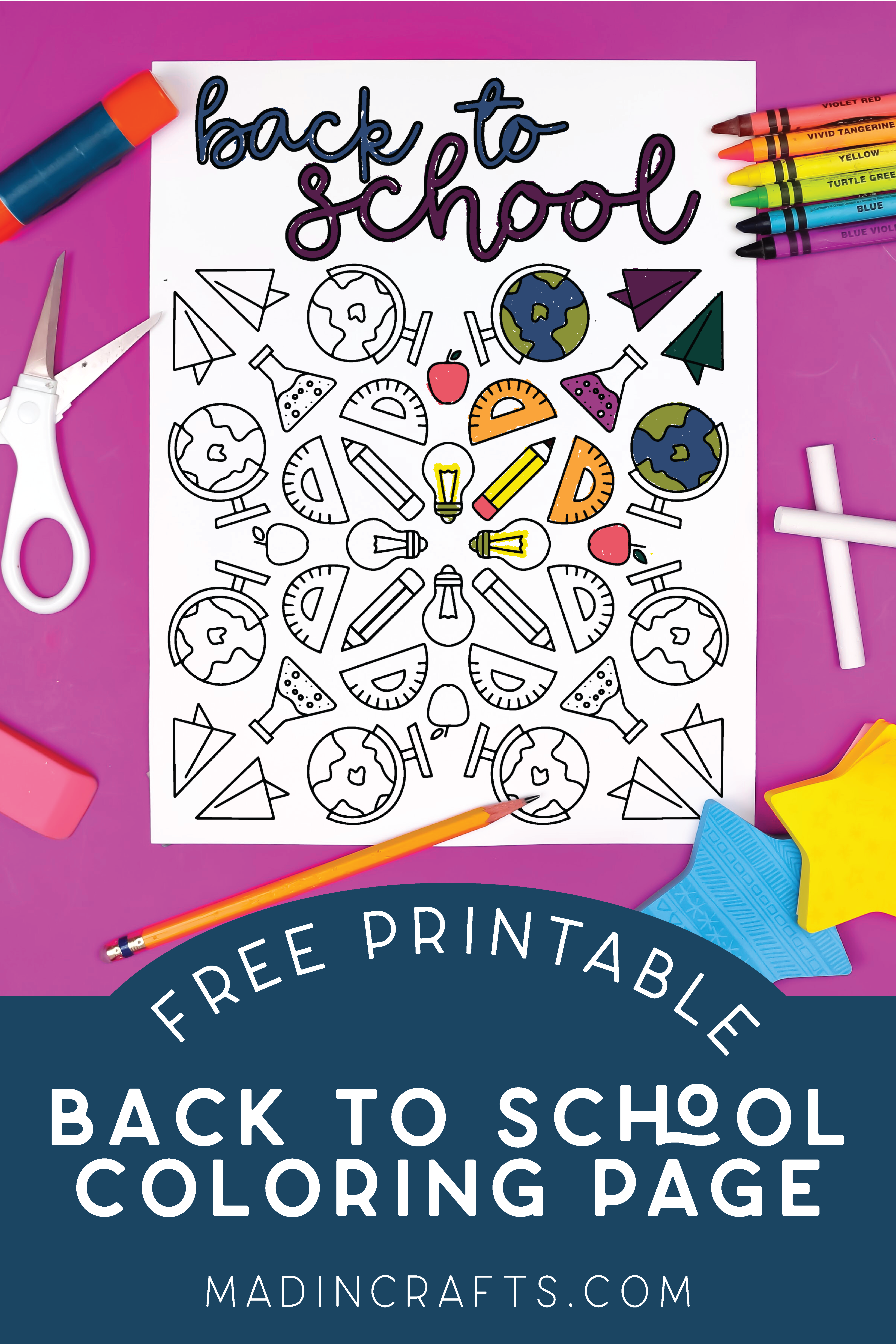 School coloring page with crayons, scissors and other school supplies
