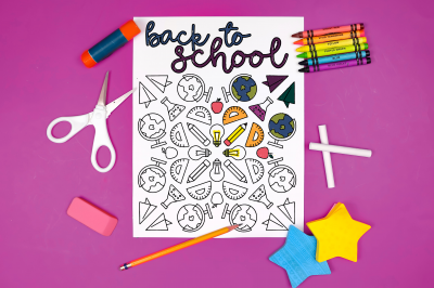 back to school coloring page surrounded by school supplies