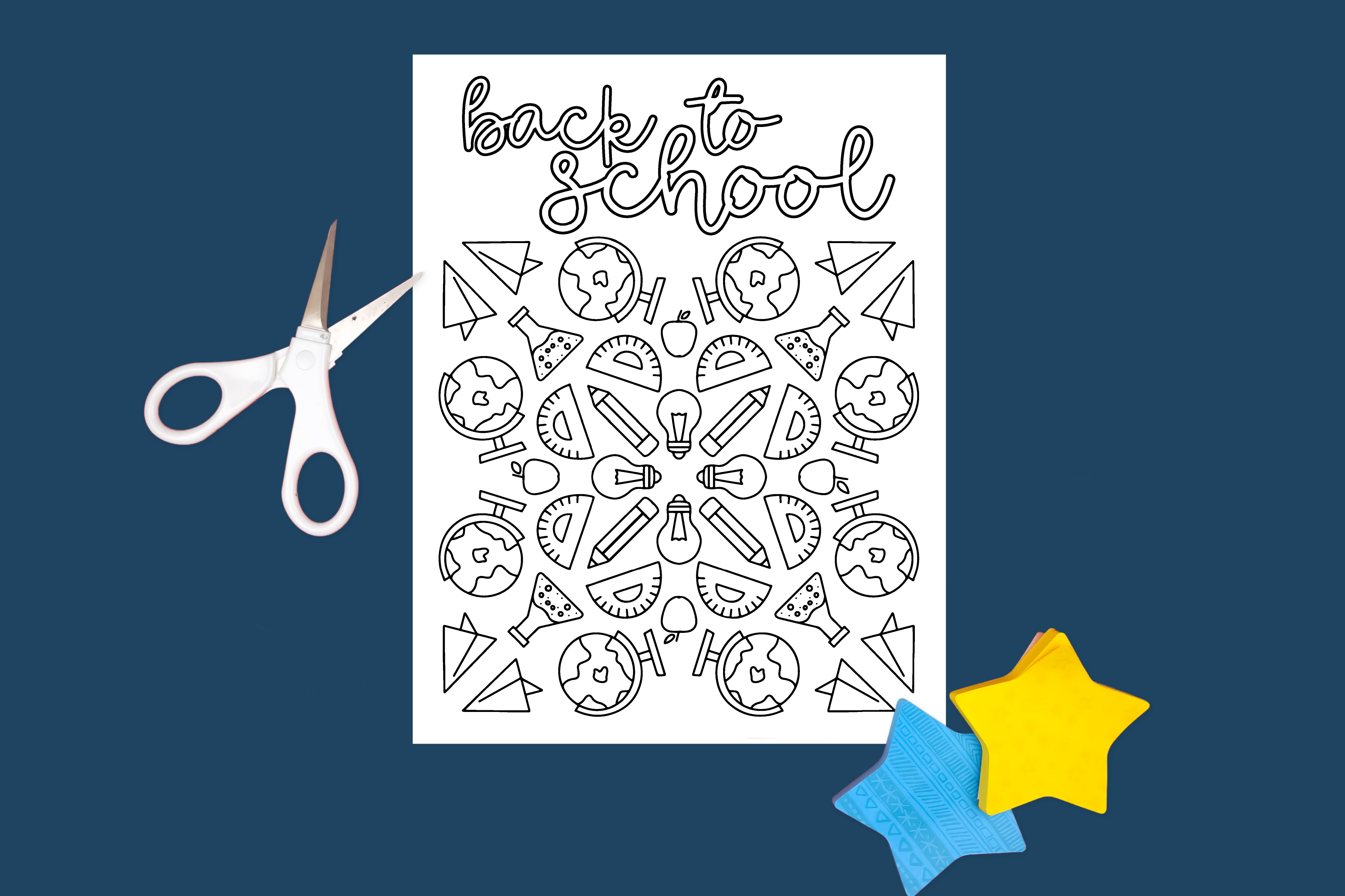 back to school coloring page and school supplies on a blue background