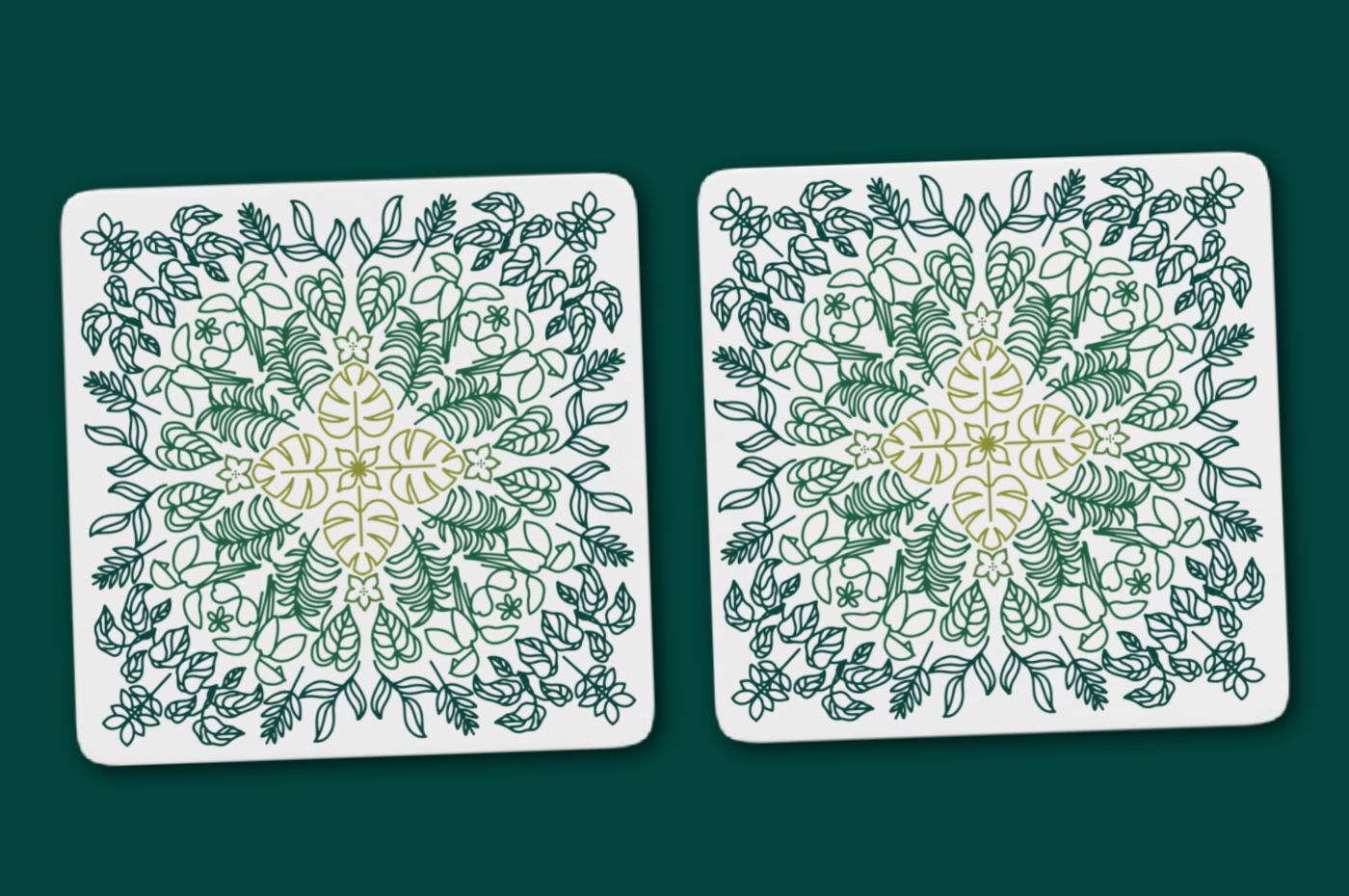 square coasters with plant designs on a green background