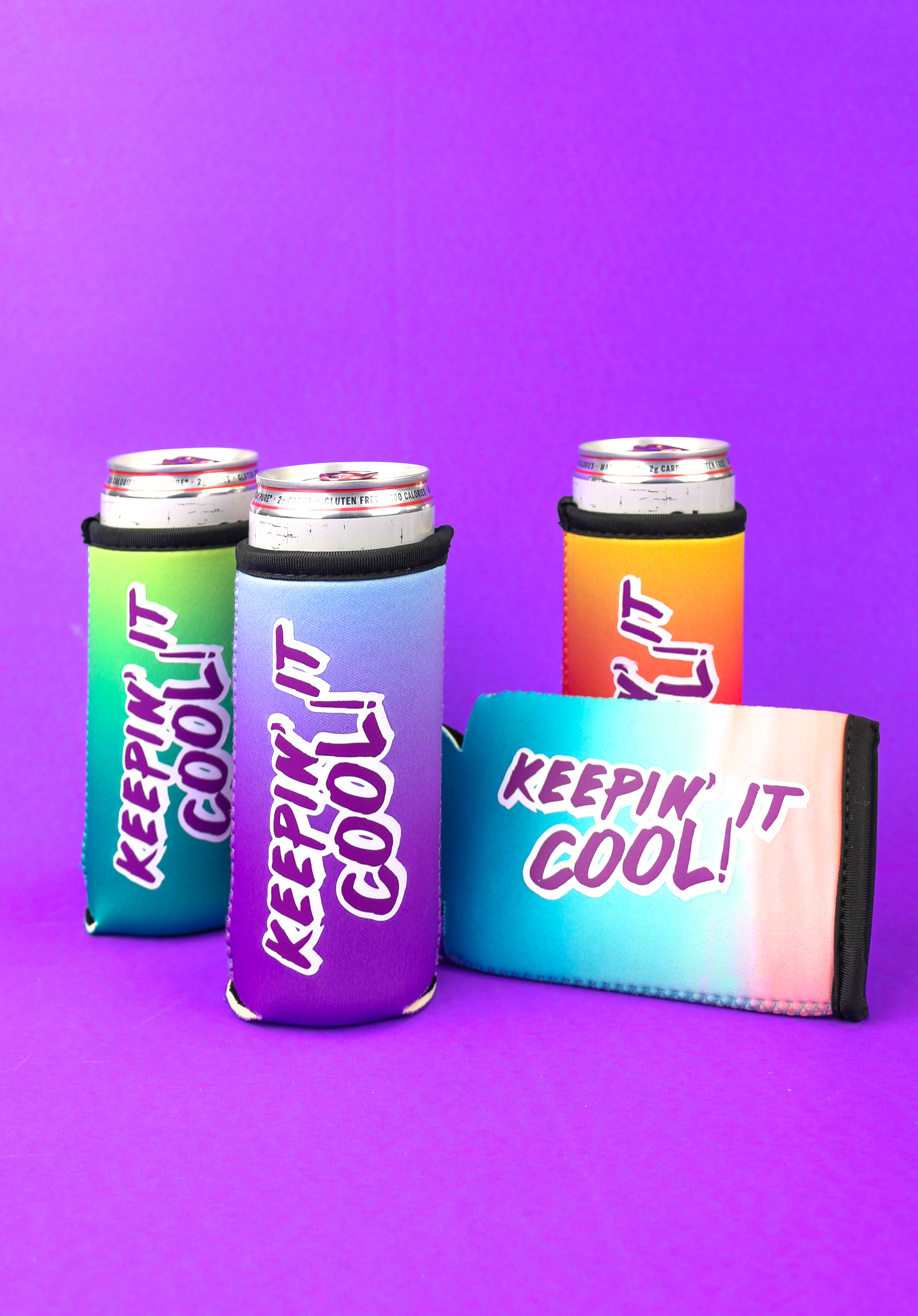 Cans of White Claw in personalized can koozies