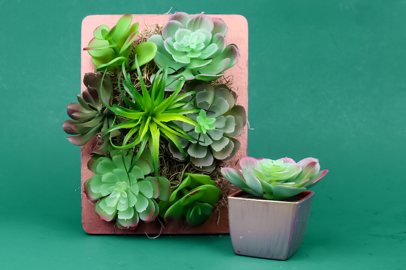 faux succulents in a copper frame on a green background