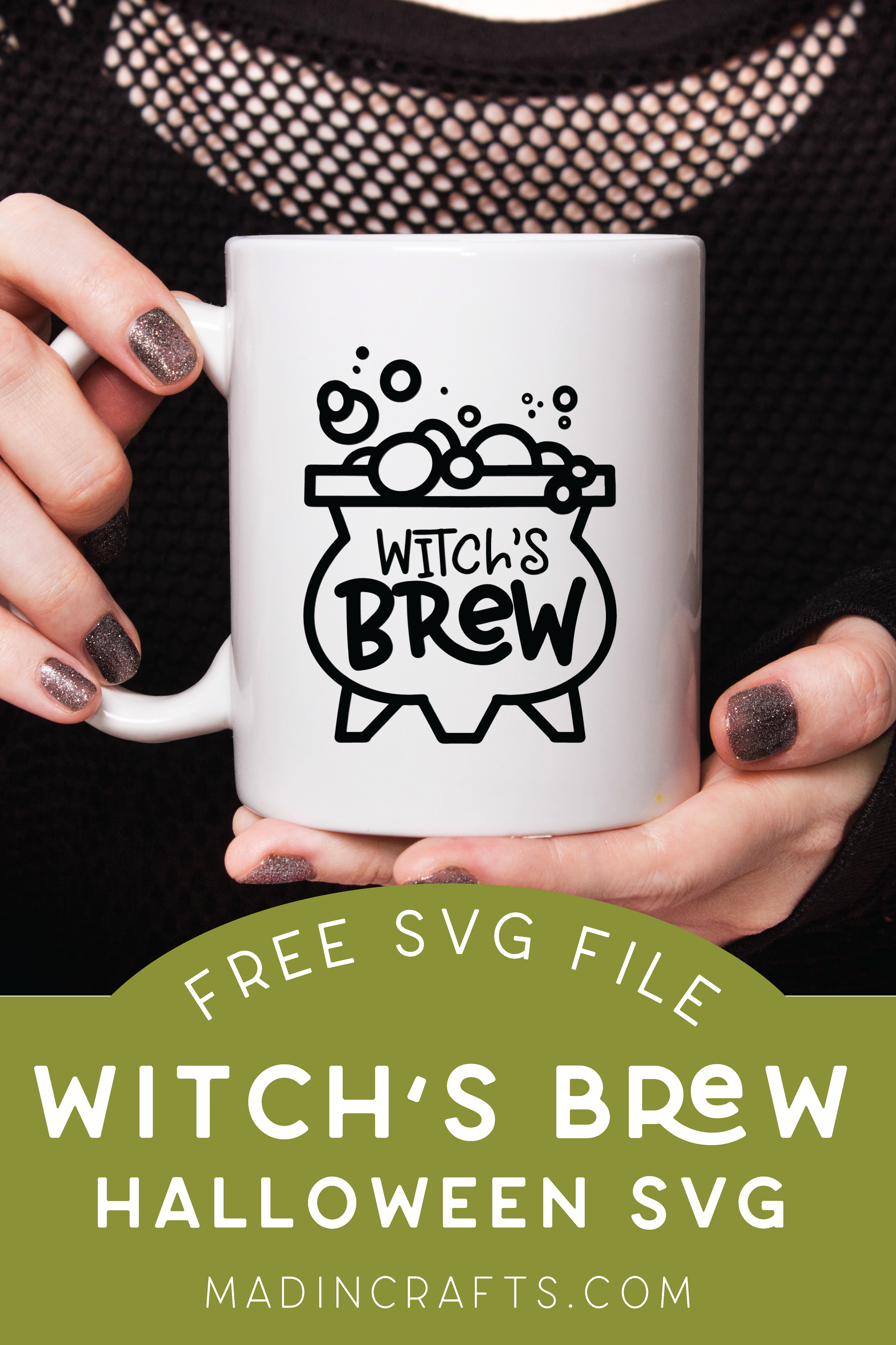hands holding a witch's brew coffee mug