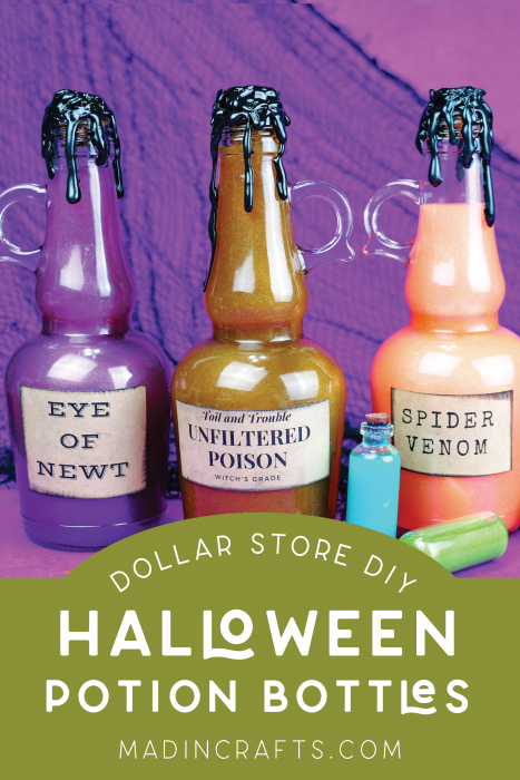 three dollar store Halloween potion bottles with labels