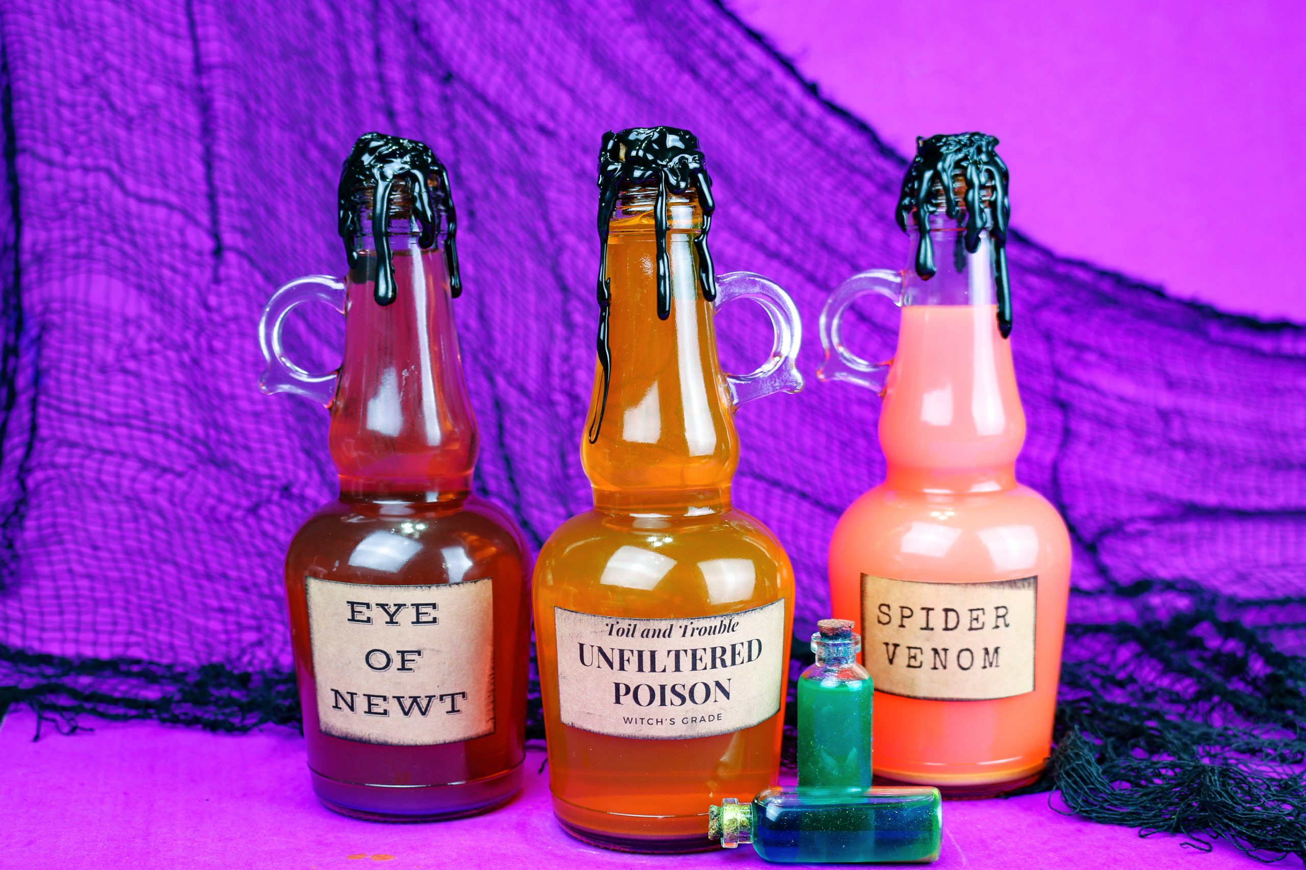 colorful magic potion bottles with labels