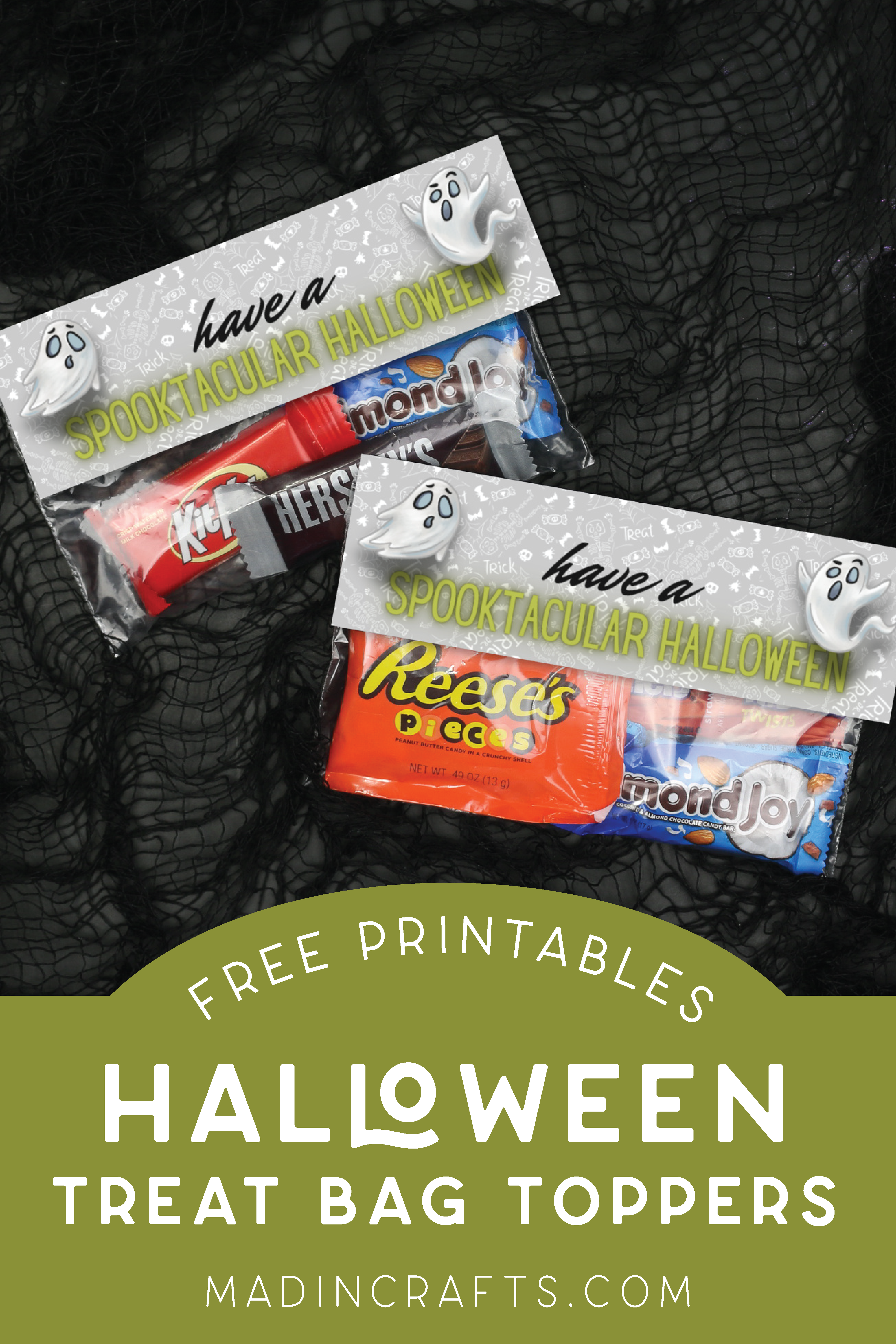 two bags of Halloween candy with printable bag toppers that read Have a Spooktacular Halloween