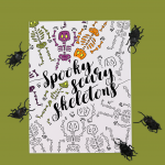 Spooky Scary Skeletons coloring page surrounded by plastic bugs