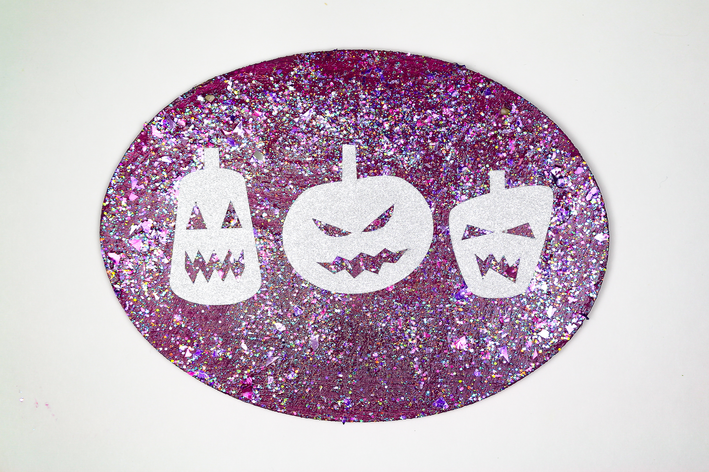 purple glitter sign with silver glitter vinyl pumpkins