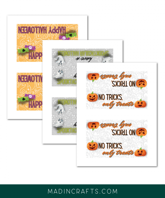 three designs of printable Halloween treat bag toppers