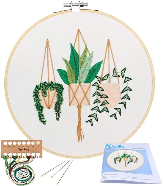cross stitch of three hanging plants
