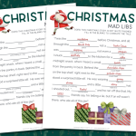 two printable Christmas mad libs on a green background