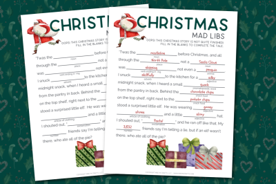 two printable Christmas mad libs on a green background
