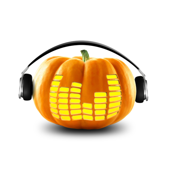 pumpkin carved to look like audio levels is wearing headphones