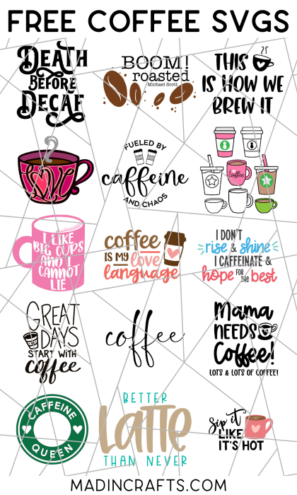 collage of free coffee themed svg files