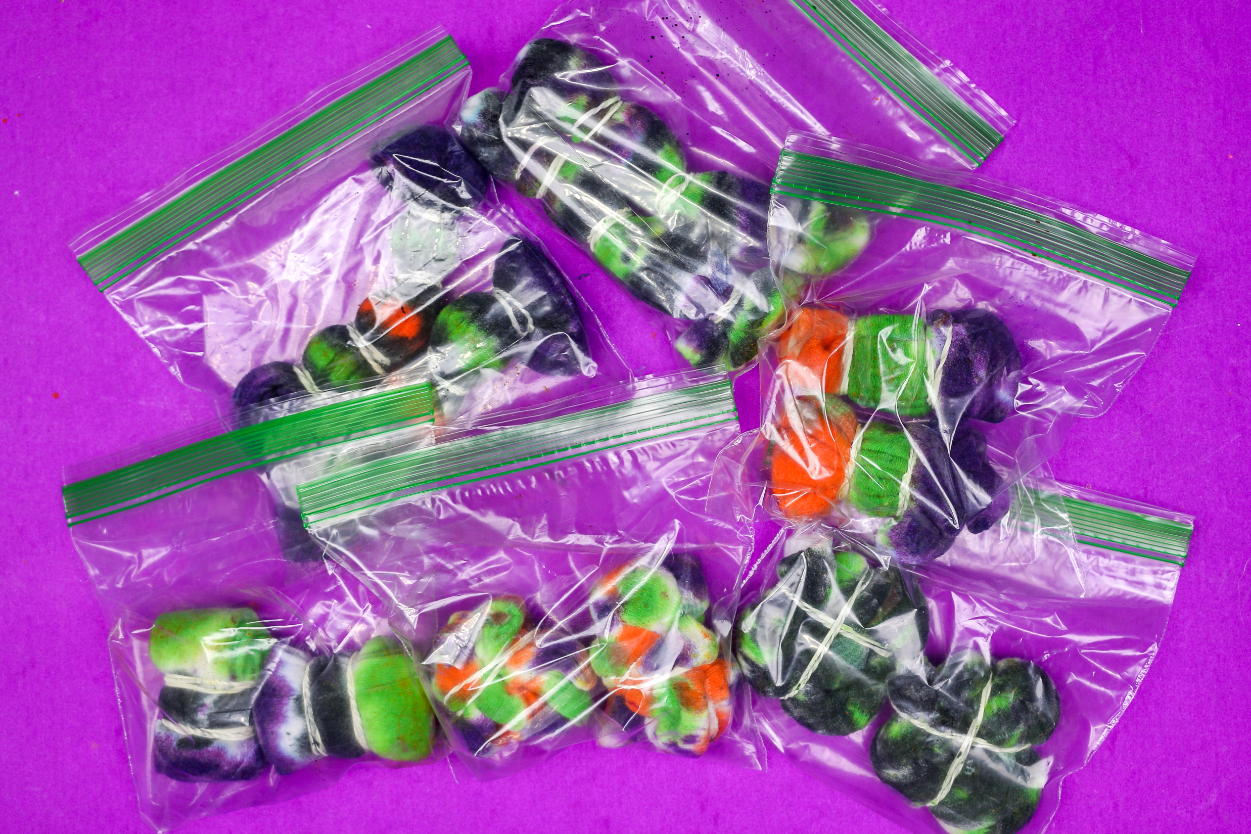 zipper food bags with wet tie dyed socks