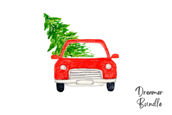 drawing of a car hauling a christmas tree