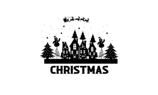 silhouette graphic of a christmas village