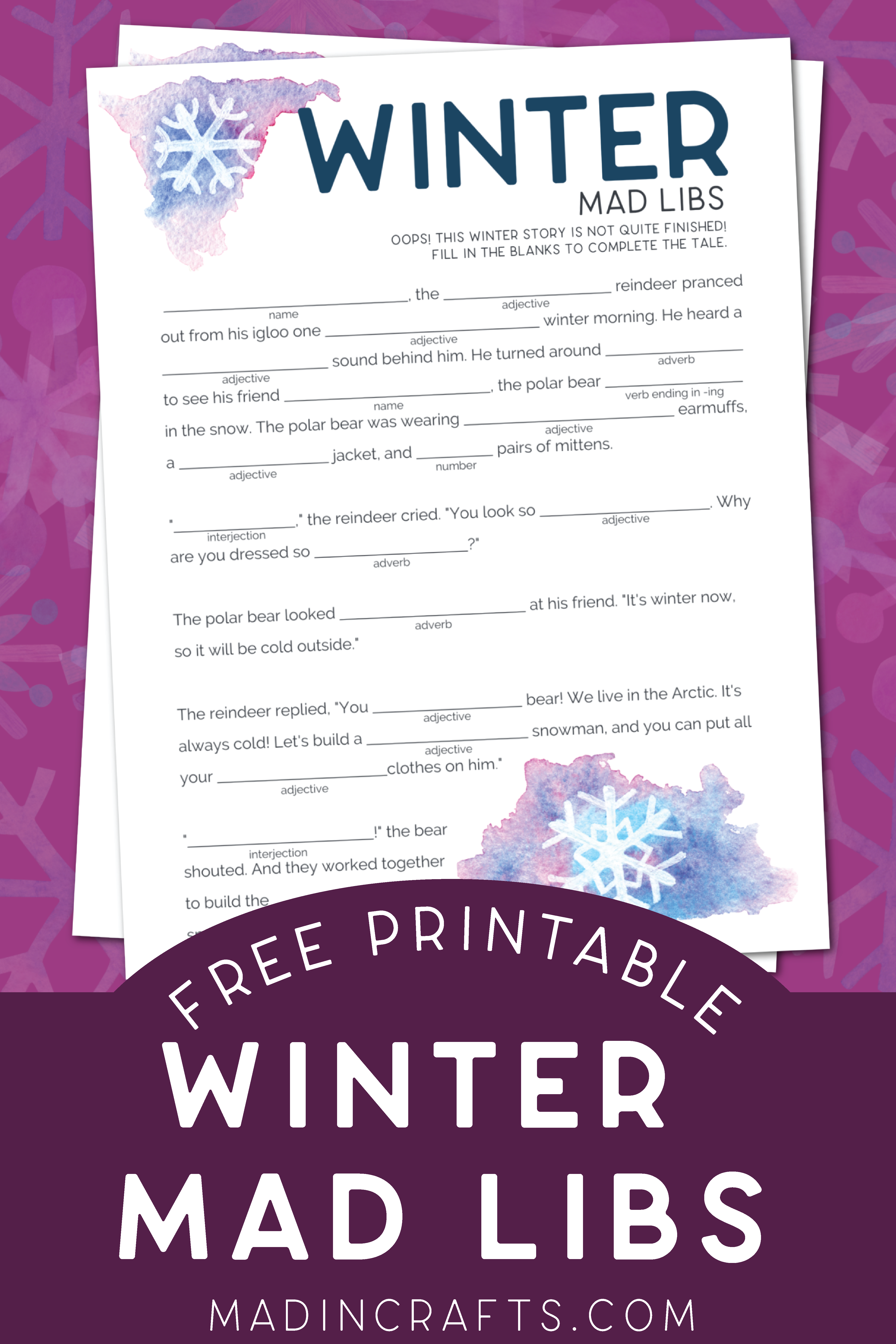 printable winter mad libs on a purple background