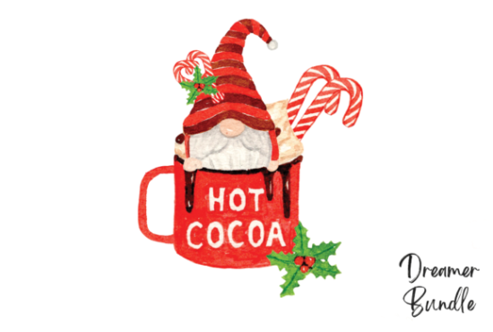 hot cocoa mug and gnome illustration