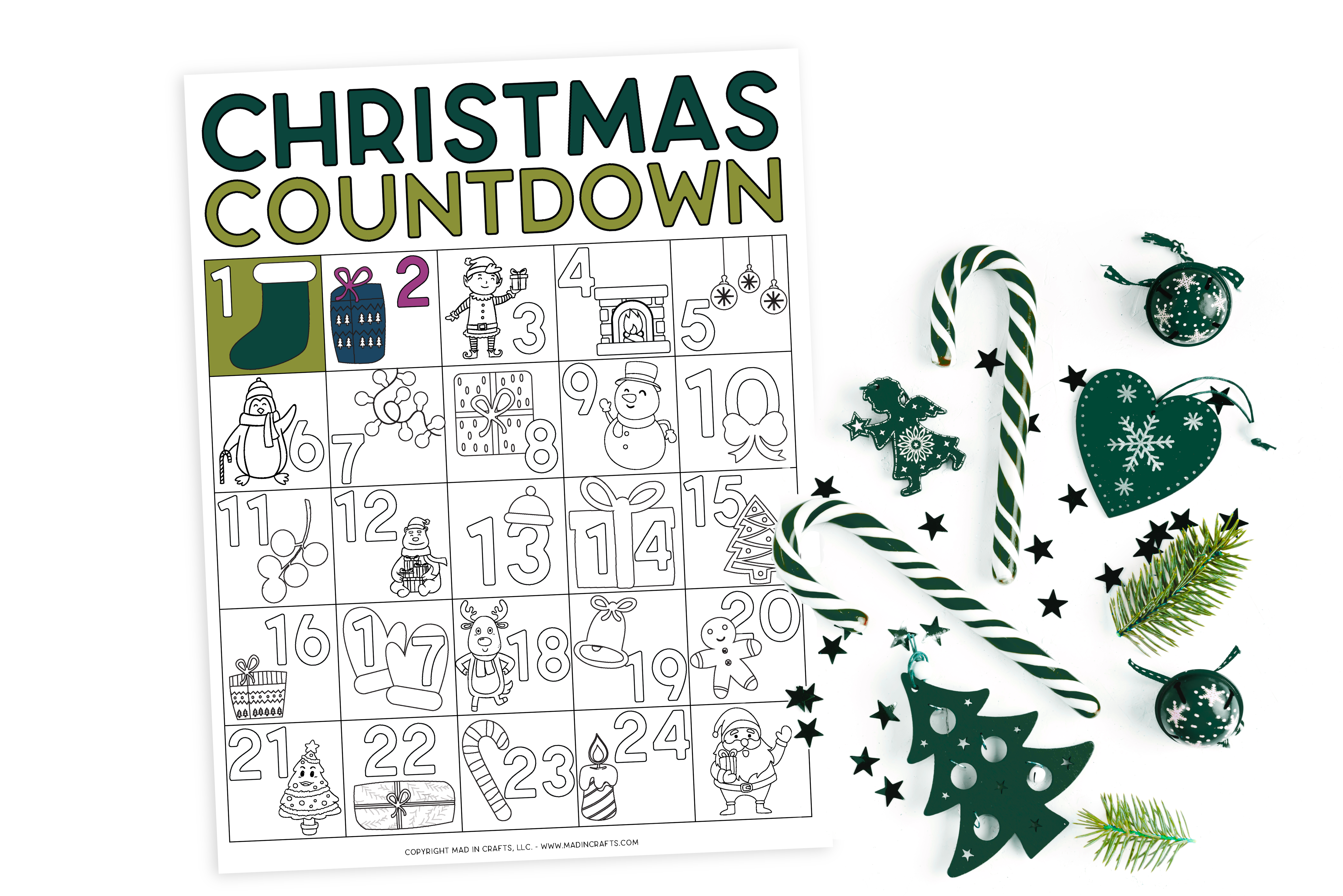 Partially coloring Christmas countdown calendar next to green ornaments