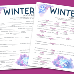 two copies of printable winter mad libs on a purple background