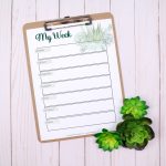 weekly planner page on a clipboard near succulents