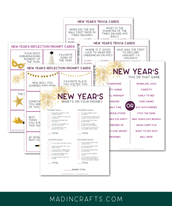 collage of printable New Year's Games for adults