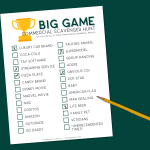 printable Big Game commercial scavenger hunt game and a pencil