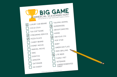 printable Big Game commercial scavenger hunt game and a pencil