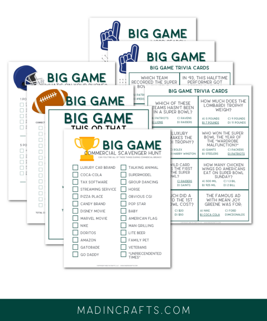 collage of Big Game party printables