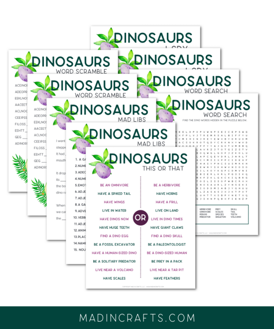 collage of dinosaur educational printables