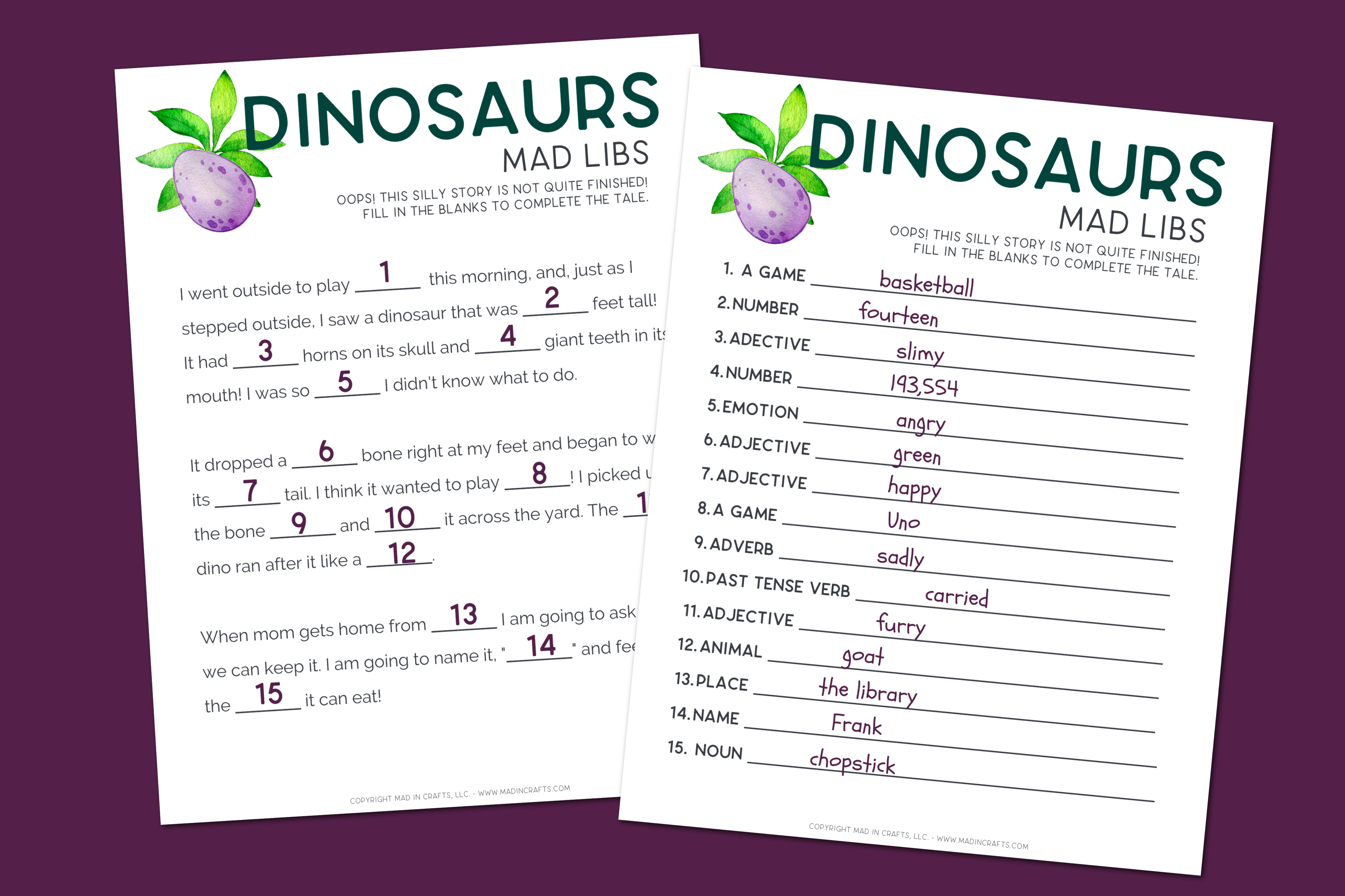 Printable dinosaur mad lib sheet and answer sheet