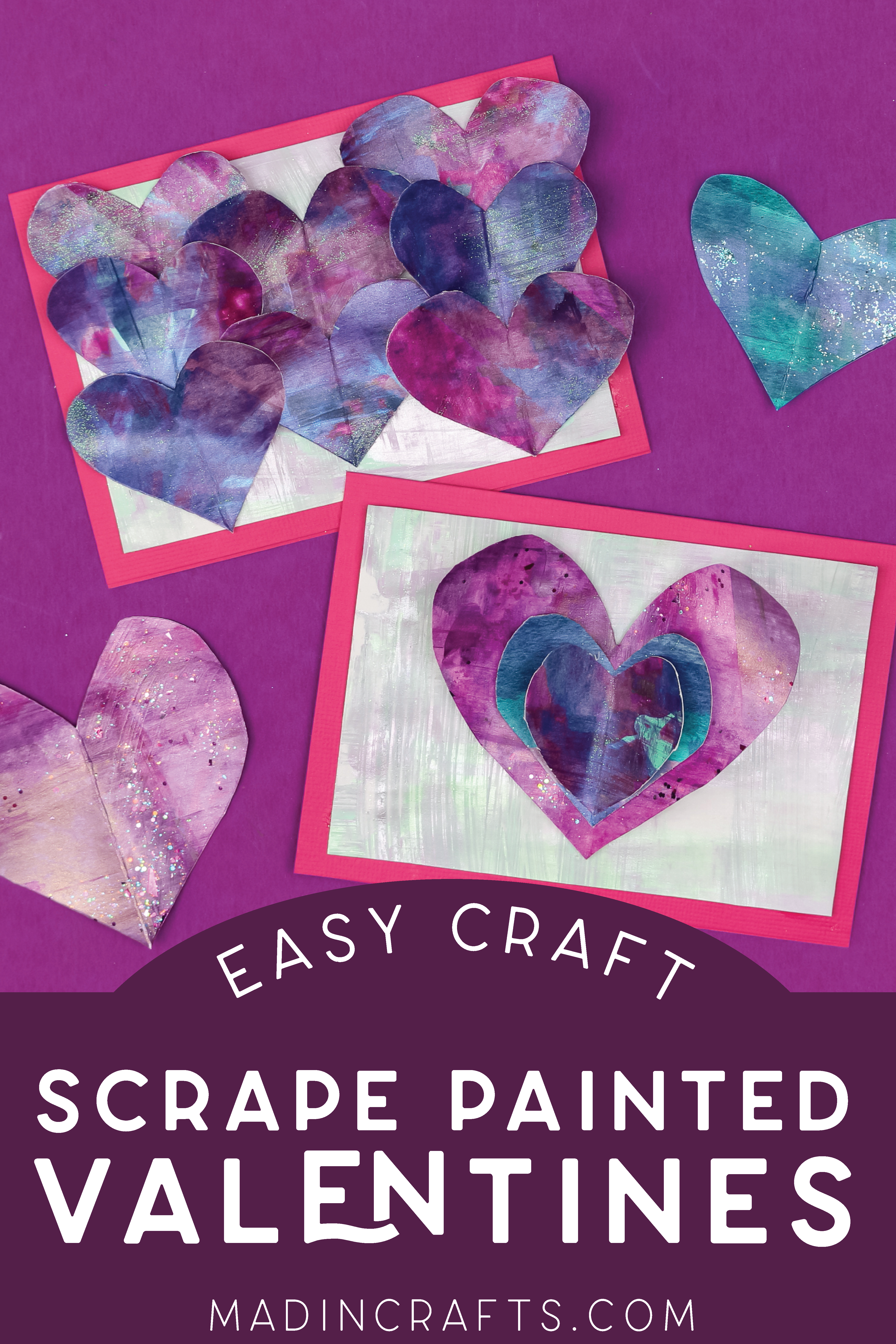 two DIY valentines made with scrape painted paper hearts