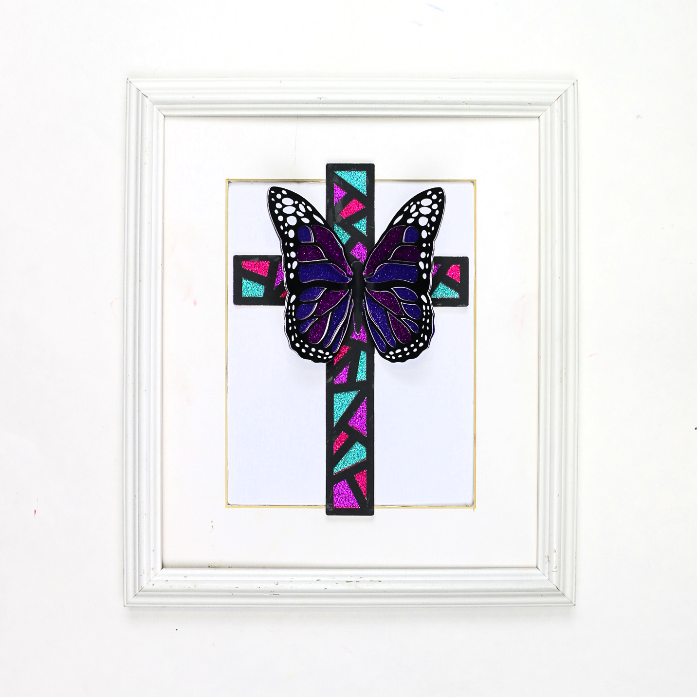 framed butterfly cross made with glitter paper