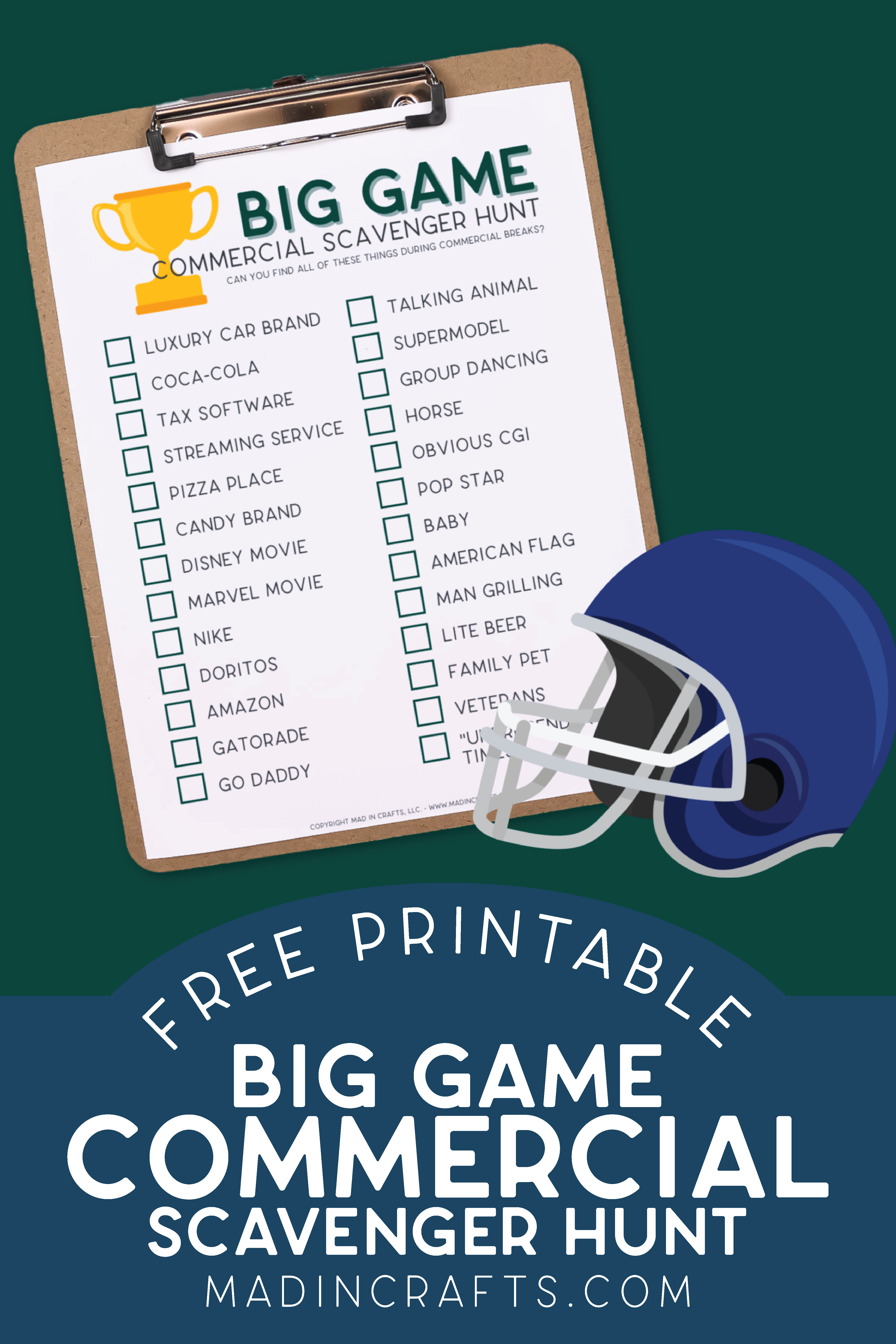 printable Big Game commercial scavenger hunt game and a blue football helmet